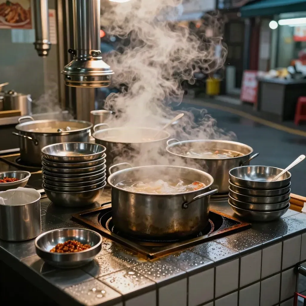 Seoul night food lane with bubbling pots, steam, grills, and metal bowls in amber light.