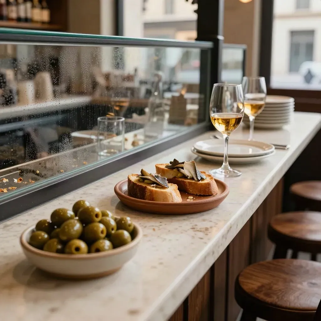 Barcelona tapas bar counter with olives, anchovy toast, vermouth glasses, and shaded window light