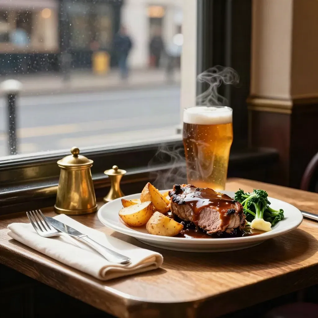 Roast pub lunch with pint by a window, steam rising, brass fixtures and street blur.