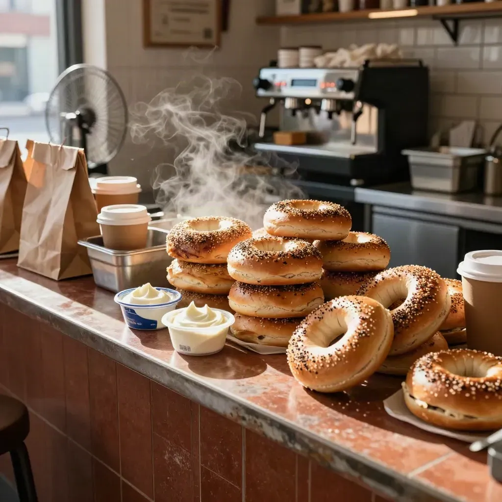 Steaming New York bagels with cream cheese tubs and coffee cups on a warm deli counter.