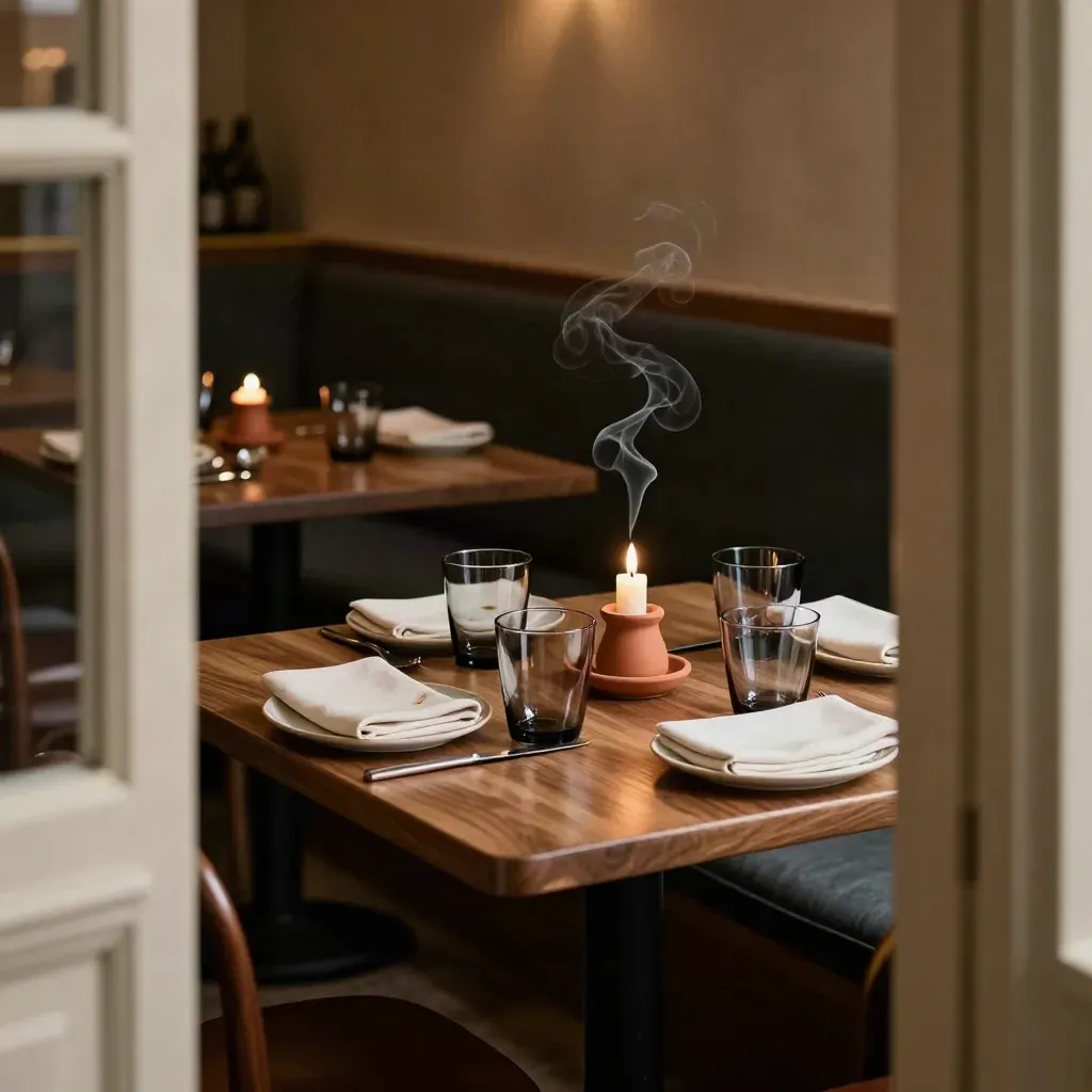 Berlin bistro table at closing time with candle smoke, folded napkins, dark glassware, and small plates.