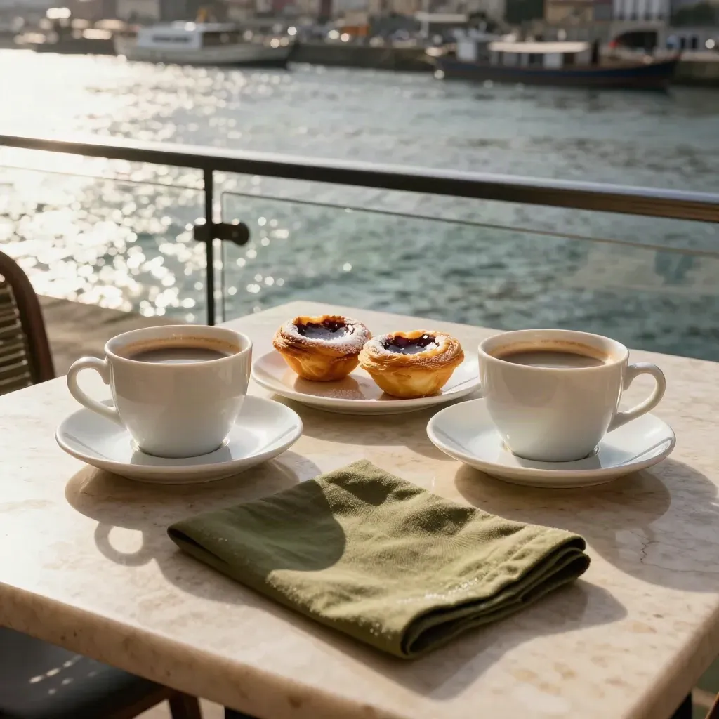 Porto café table with coffee, custard tarts, and river light behind a glass railing.