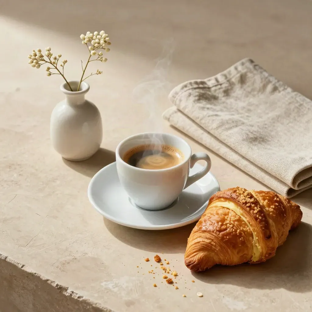 Porcelain espresso cup, croissant, linen napkin and tiny vase on a pale plaster surface